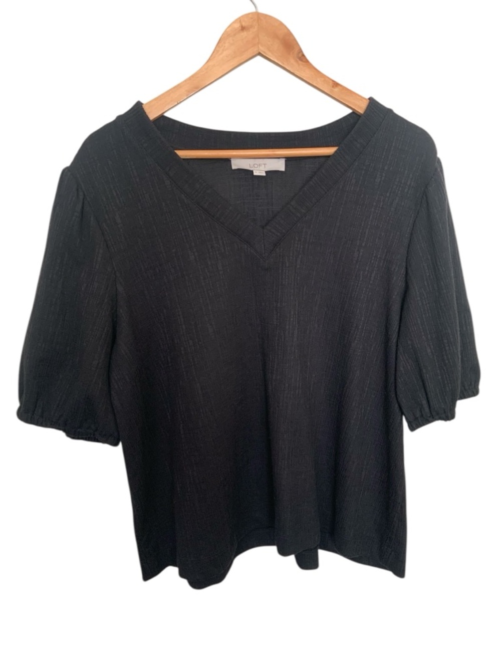 LOFT Black V-Neck Textured Puff Sleeve Boxy Top Blouse XL